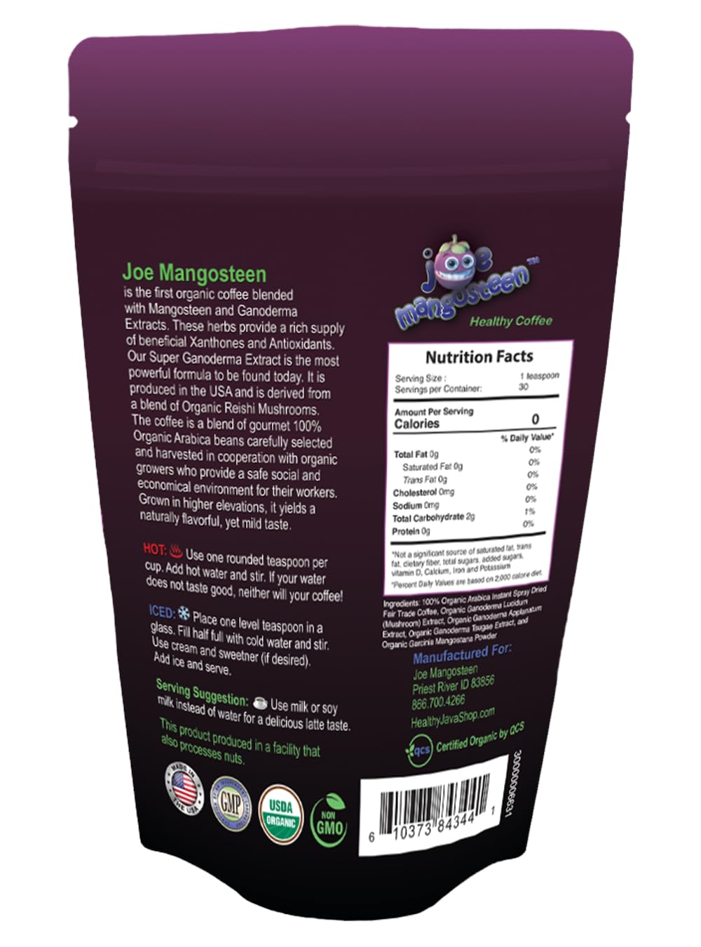 Joe Mangosteen Healthy Organic Coffee with Mangosteen & Ganoderma 1 - 3.73oz Bag (40 Servings)