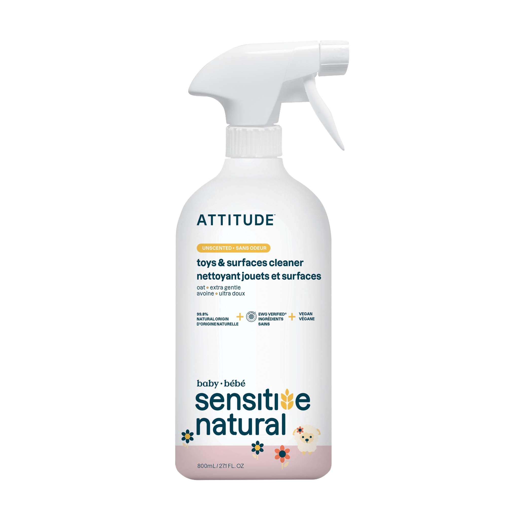ATTITUDE Baby & Kids Toy Cleaner Spray for Sensitive Skin, EWG Verified, Multi-Surface Cleaner for Toys, High Chairs & Play Areas, Naturally Derived