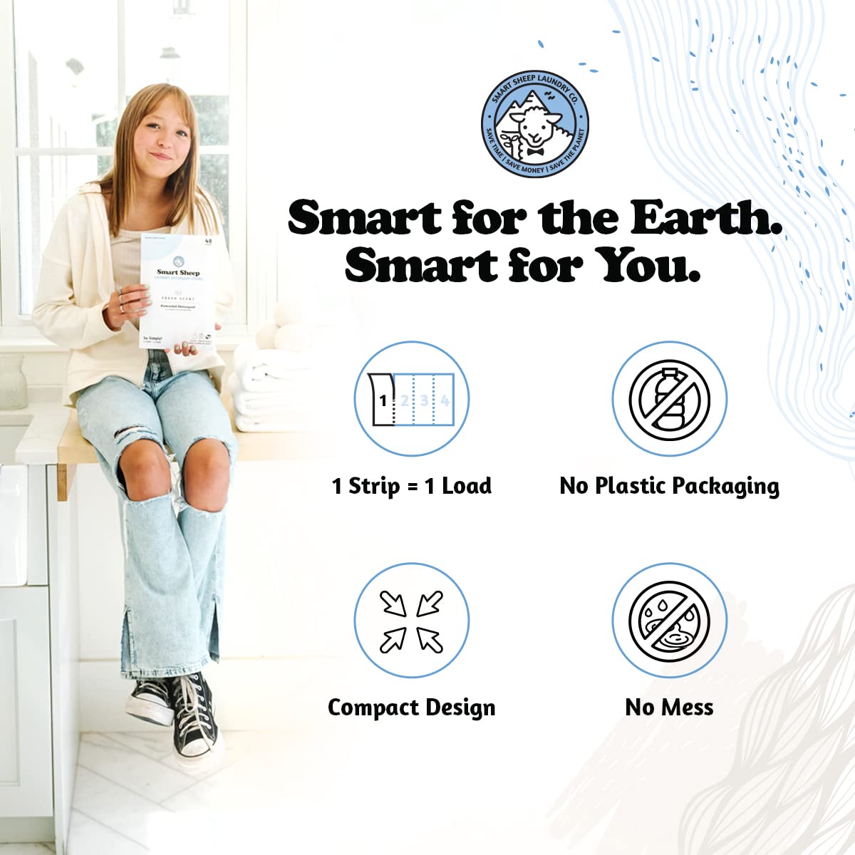 Smart Sheep Laundry Strips - 48 Loads - Detergent Strips for Sensitive Skin - Eco Friendly & Plastic Free - Perfect for Home, Travel & Camping - Fresh