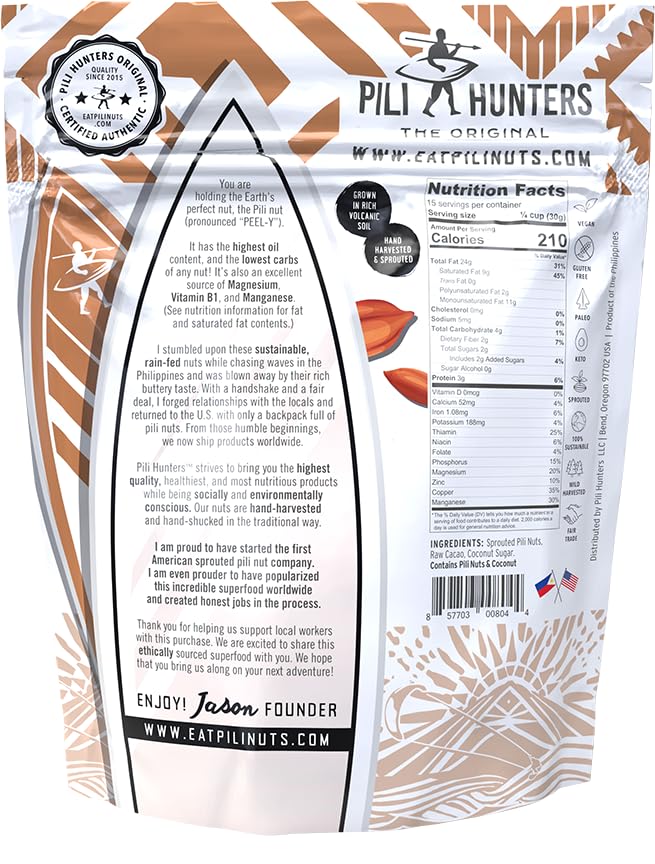 Pili Hunters Wild Sprouted Pili Nuts - Raw Cacao & Organic Coconut Sugar - Paleo & Vegan Keto Snack for Low Carb Energy - Gluten & Dairy Free