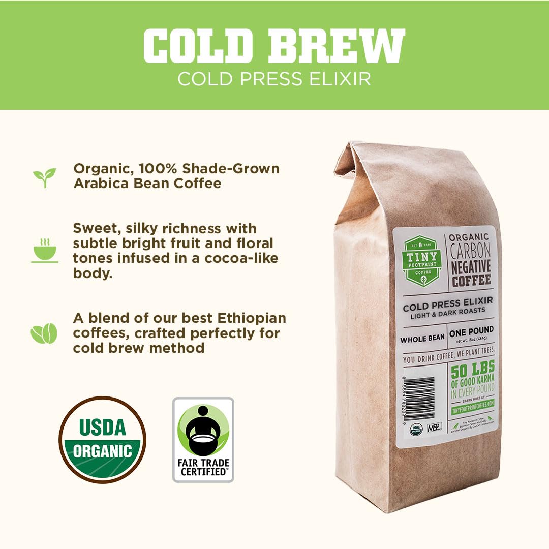 Tiny Footprint Coffee - Organic Cold Brew Cold Press Elixir | Blend of Light & Dark Roasts Whole Bean Coffee | Shade-Grown, Fair Trade & Carbon