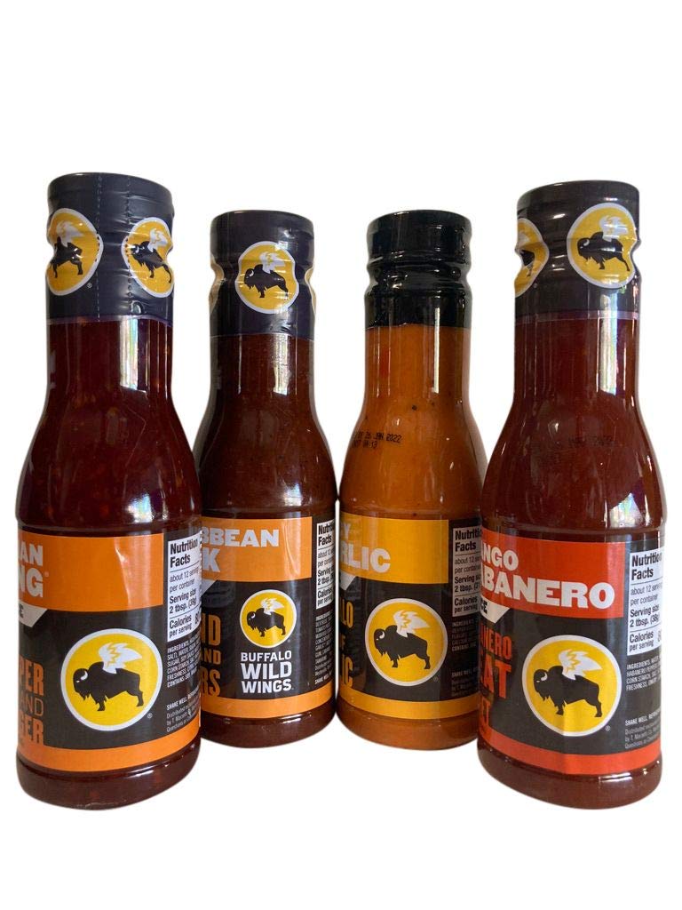 Buffalo Wild Wings Hot N' Spicy Variety Bundle: Asian Zing, Caribbean Jerk, Spicy Garlic, Mango Habanero -- 12 Ounces Each