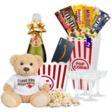 Movie Night Popcorn and Candy Gift Basket - Plus 13.5 Inch Plush Teddy Bear Custom T-Shirt - Perfect for a Cozy and Fun Evening at Home or the Theater