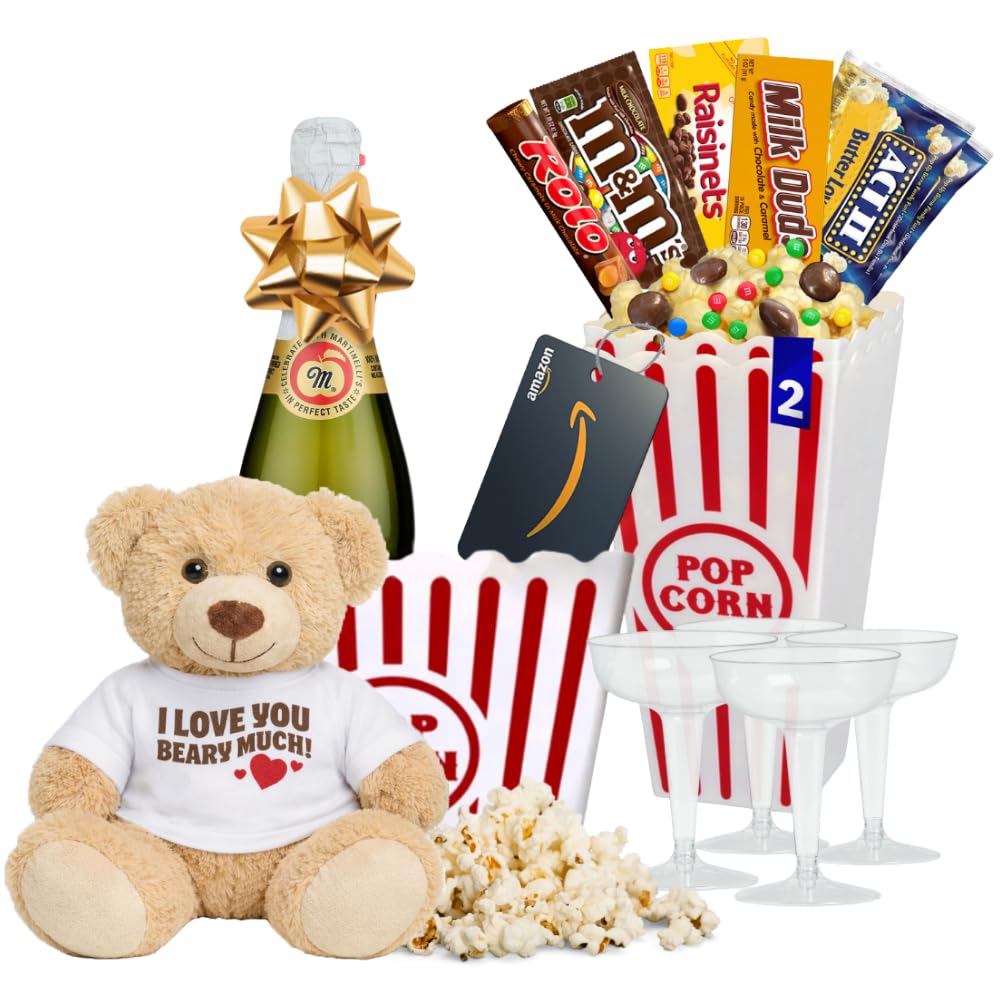 Movie Night Popcorn and Candy Gift Basket - Plus 13.5 Inch Plush Teddy Bear Custom T-Shirt - Perfect for a Cozy and Fun Evening at Home or the Theater