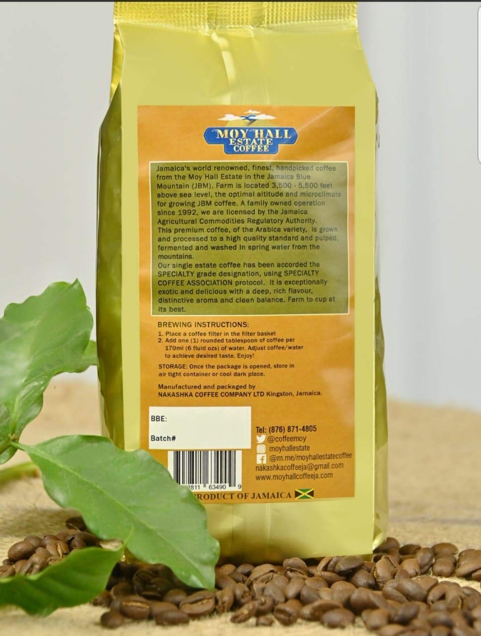 Moy Hall Estate - Authentic Jamaican Blue Mountain Coffee, Family-Owned, Small-Batch Roasted, 100% Arabica Ground Coffee, (16oz)