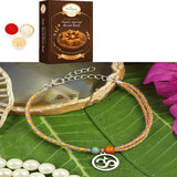 Ghasitaram Gifts Jaiccha Rakhi for Brother Rakhis Online - PRK25-021-Stainless Steel Om Bracelet Premium Rakhi with 200 gms of Besan Barfi
