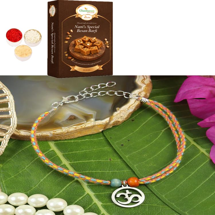 Ghasitaram Gifts Jaiccha Rakhi for Brother Rakhis Online - PRK25-021-Stainless Steel Om Bracelet Premium Rakhi with 200 gms of Besan Barfi