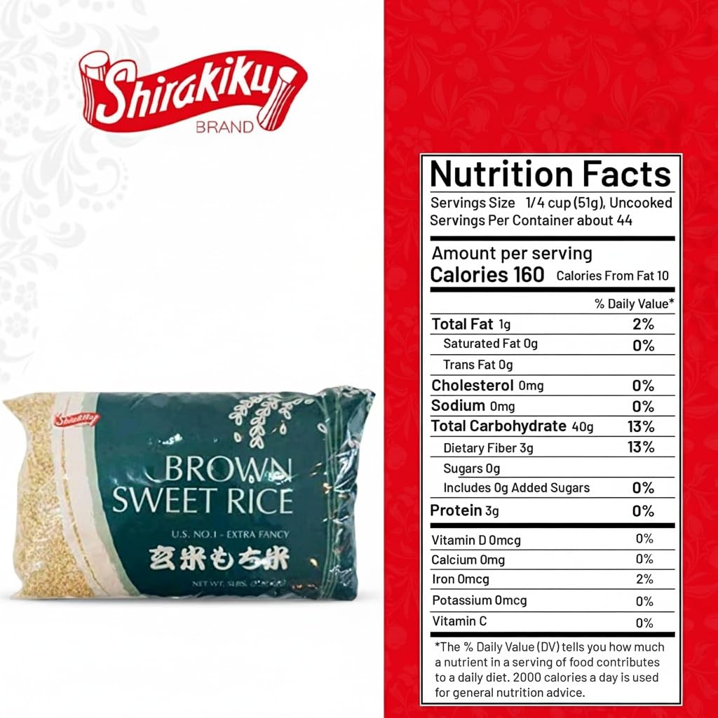 Shirakiku Sweet Brown Rice - Short Grain Japanese Style Rice with Low Calories and Dietary Fiber - Perfect for Authentic Asian Cuisine | Risotto, Rice Pudding, and Sushi | 5-Pound (Pack of 1)