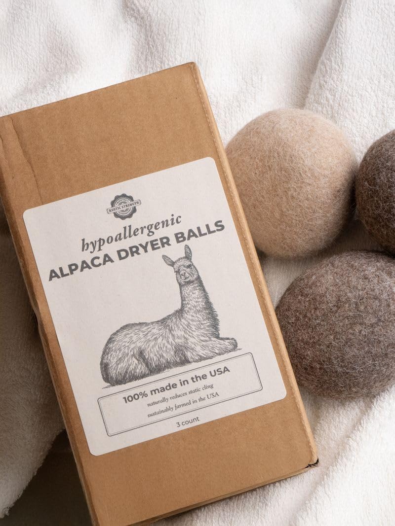 Rustic Strength Alpaca Dryer Balls, Hypoallergenic, Sustainable, Reduces Dry Time & Static, Chemical-Free, Ideal for Wool Allergies, 3 Pack