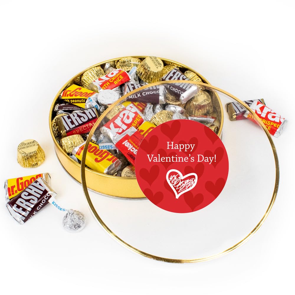 Valentine's Day Candy Gift Tin Gold Plastic Tin (Approx. 1lb, 60 pieces) Kisses, Miniatures & Peanut Butter Cups - Script Heart