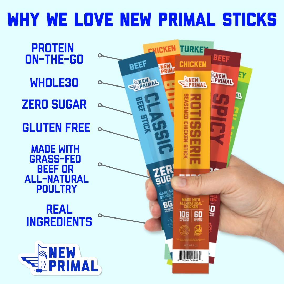 New Primal Family Variety Pack, All Natural Chicken and Turkey Meat Sticks, Healthy Snacks for Adults and Kids, High Protein Snack, Jerky Gift Box, 5