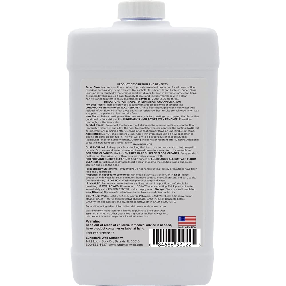 Lundmark Super Gloss Acrylic, Extra Heavy-Duty Hard Finish Floor Wax, 32-Ounce, 3202F32-6, Clear, (LUN-3202F32-6)