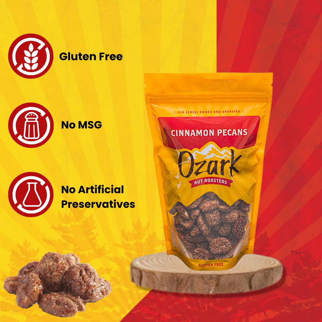 OZARK NUT ROASTERS: Cinnamon-Coated Pecans, Cinnamon Spice Flavored Snacks, World-Class Gourmet Candied Nuts, Resealable Pack (14 oz)