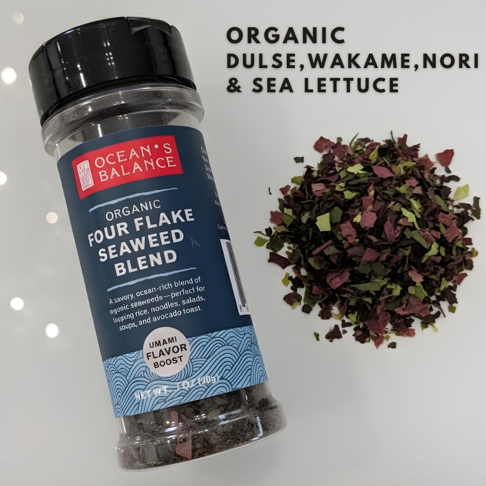 Ocean's Balance Organic Four Flake Seaweed Blend, perfect for topping rice, noodles, salads, soups, and avocado toast.(0.7oz)