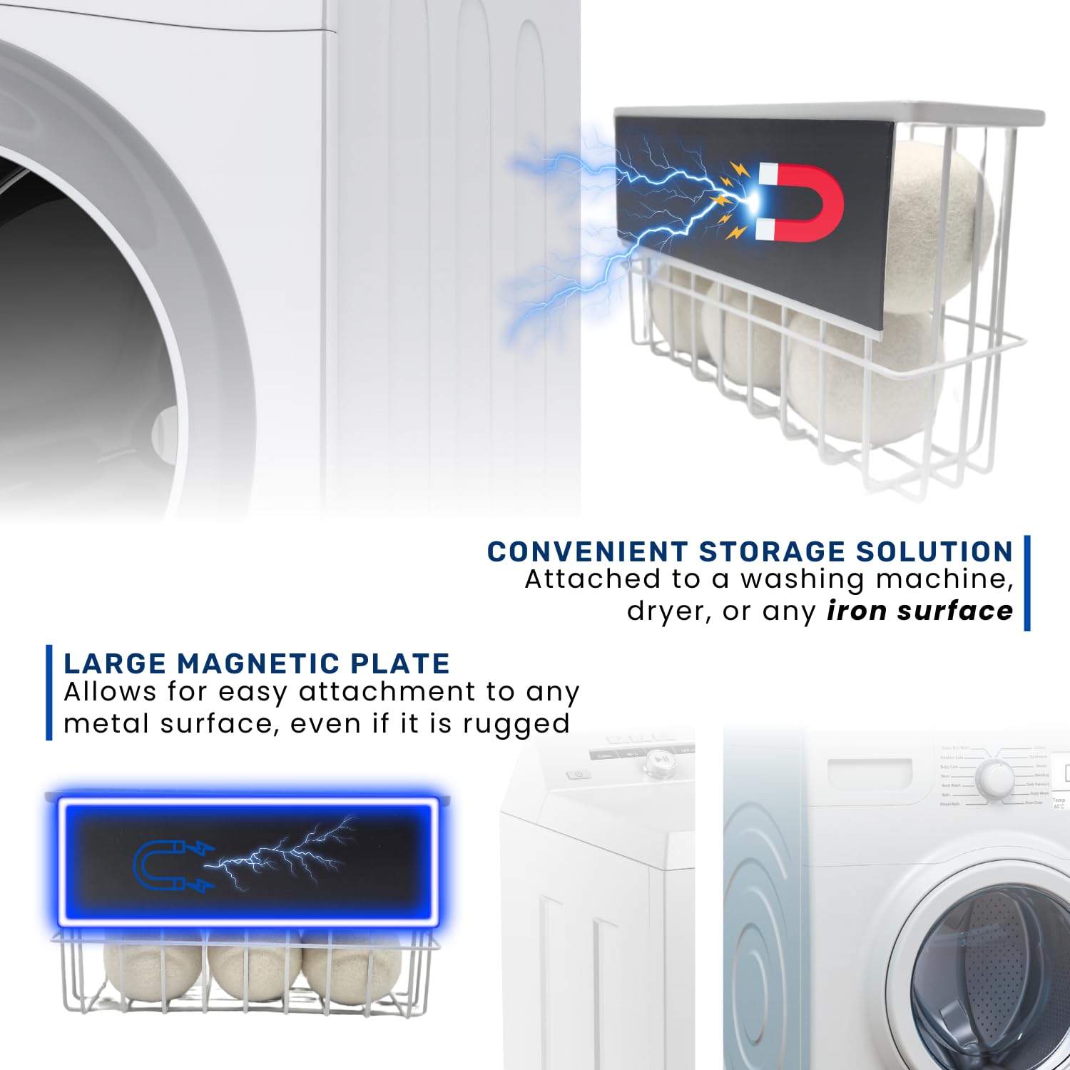 Magnetic Dryer Ball Holder Plus 6 XL Wool Dryer Balls from New Zealand Wool- Laundry Dryer Balls Storage Containers: Easy Install Without Tools
