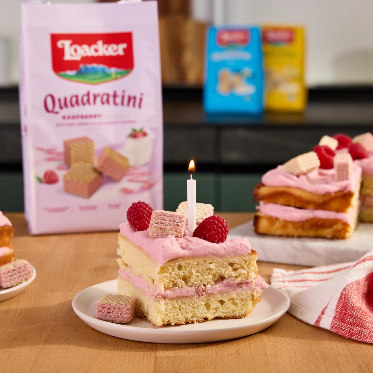 Loacker Quadratini Raspberry Yogurt Wafer Cookies LARGE - 30% Less Sugar - Premium Crispy Bite Size Wafers - LARGE Pack of 6
