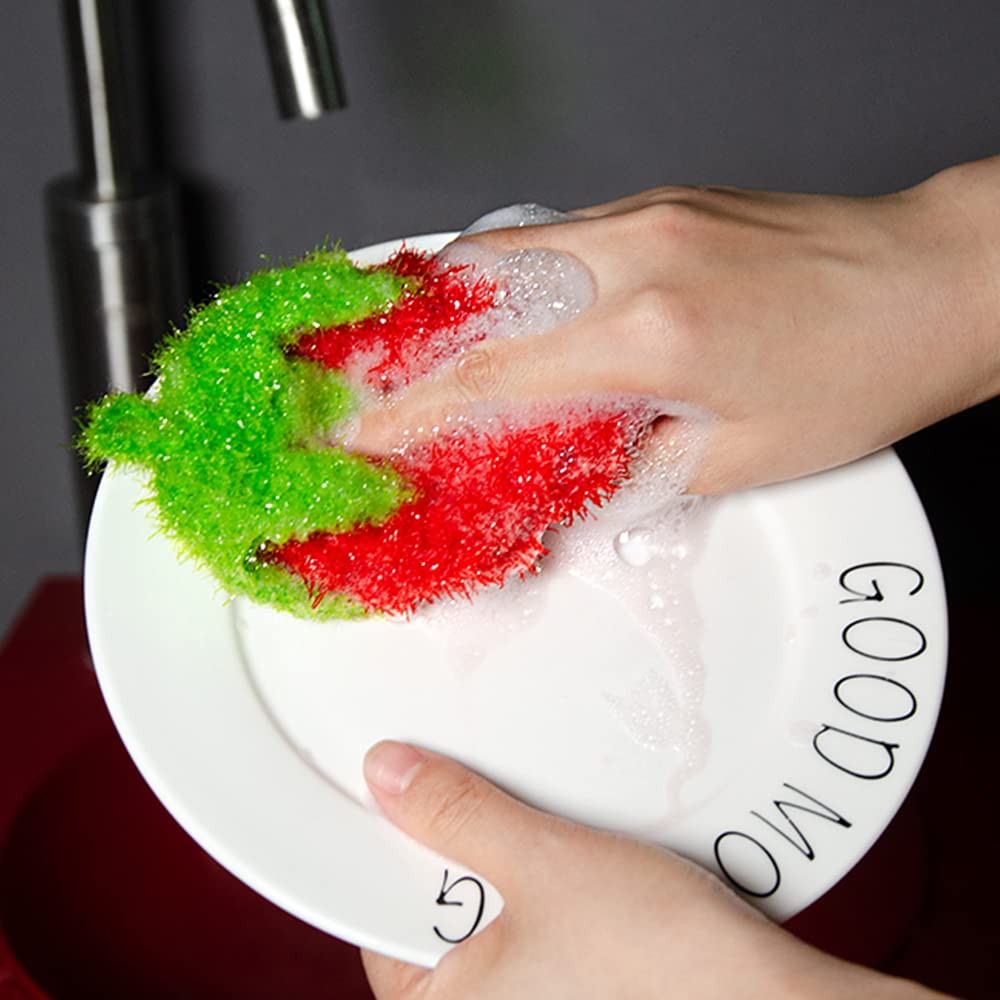Strawberry Shape Acrylic Dish/Pot Scrubbers for Dish Washing, Cute Colorful Dish Sponge No Odor Kitchen Sponge Net Dish Cloths, 4 Pack