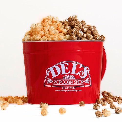 2 Gallon Popcorn Tin Gift - Half Cheese/Half Caramel Gourmet Popcorn Gift Tin - Del's Popcorn Shop
