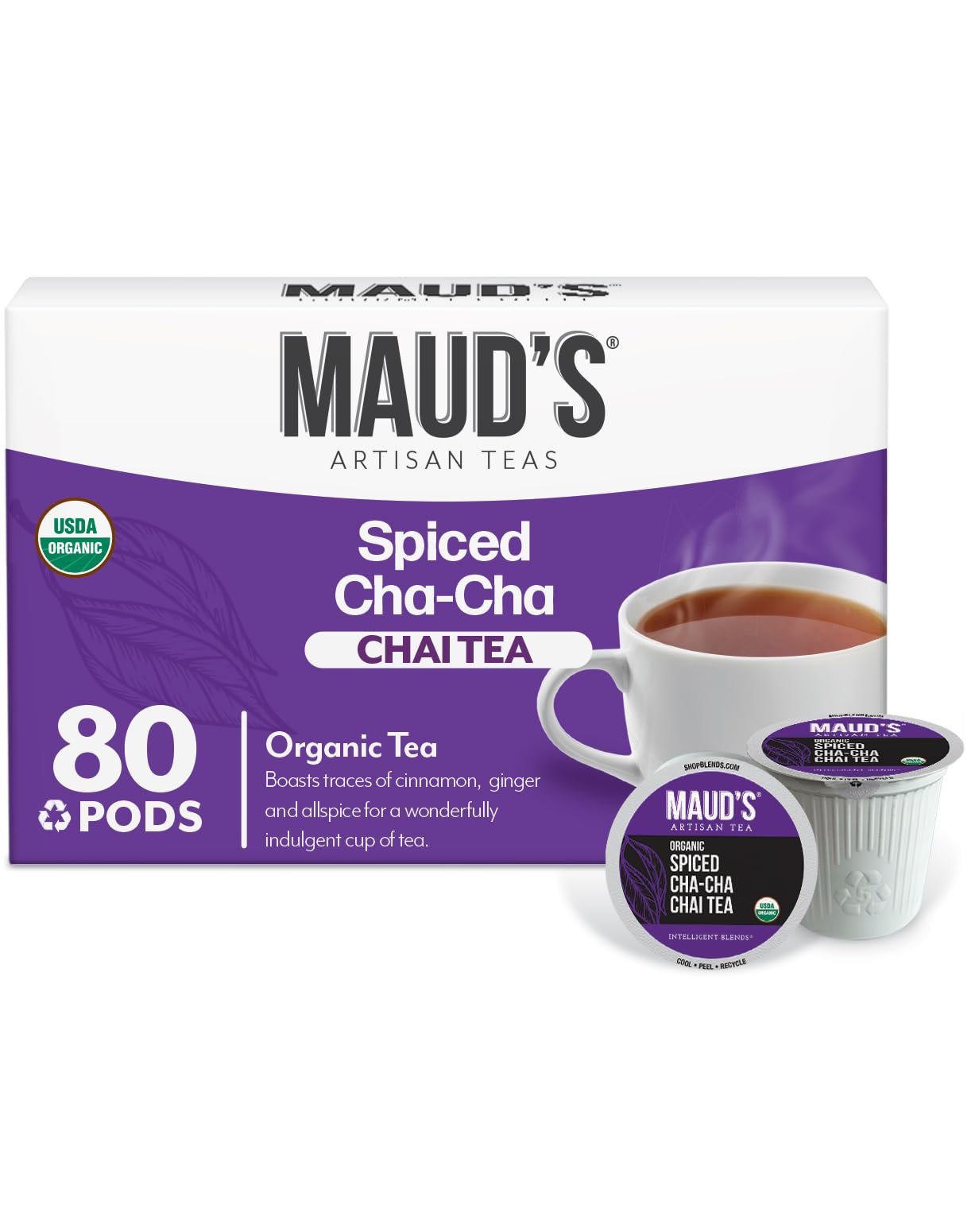 Maud's Organic Chai Tea Pods, 80 ct, Single Serve Tea Pods - 100% Gourmet Blended Tea Leaves, Compatible with Keurig K Cups Maker