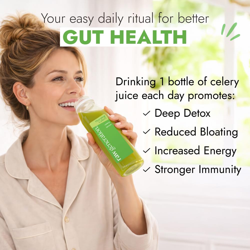 Raw Generation 100% Raw Celery Juice - Improves Acid Reflux and Gut Health | Single Ingredient | Never From Concentrate (18 Bottles)
