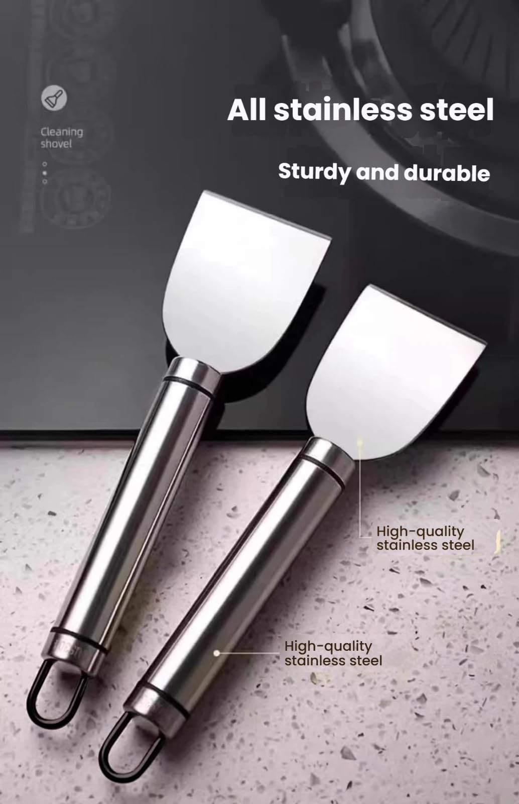 2-Pack Stainless Steel Kitchen Grease Scraper Heavy Duty Stubborn Dirt Remover for Stove Oven Countertop Ergonomic Handle Hanging Hole