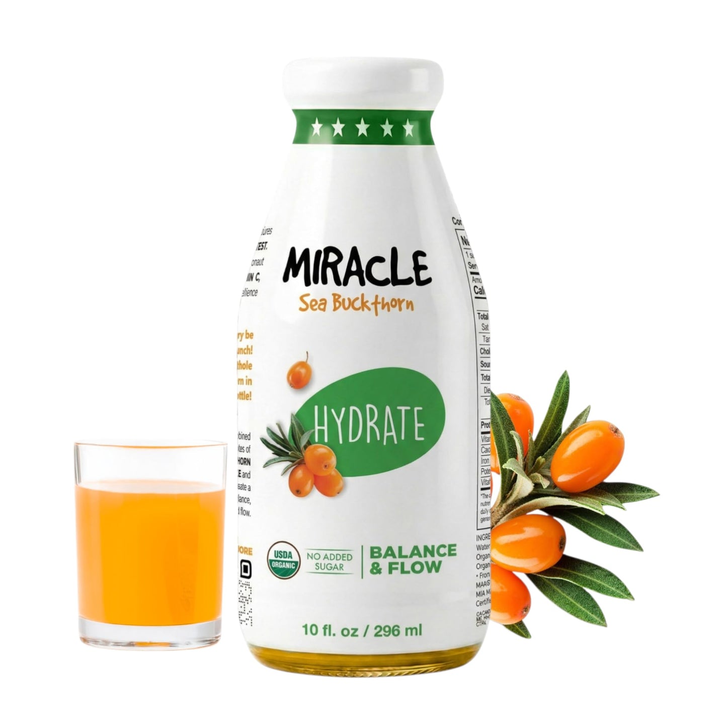Miracle Sea Buckthorn HYDRATE - USDA Organic Sea Buckthorn Juice Drink | Omega 7 & Antioxidant Rich Superfruit | Apple, Carrot & Ginger Blend | No