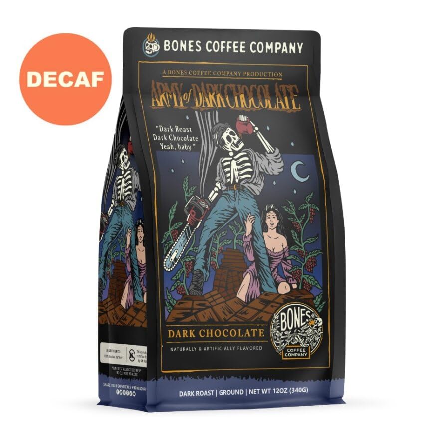 Bones Coffee Company Decaf Army of the Dark Chocolate Decaffeinated Flavored Coffee, Medium Roast Low Acid Arabica Beans Compatible with Auto drip