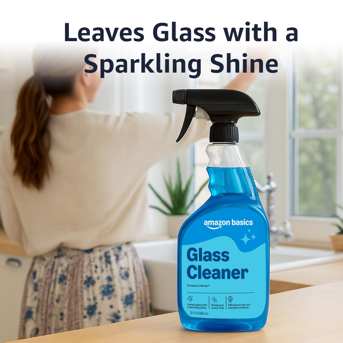 Amazon Basics Glass Cleaner, Streak-Free Shine, 32 Fl Oz, Pack of 2 with 1 Sprayer