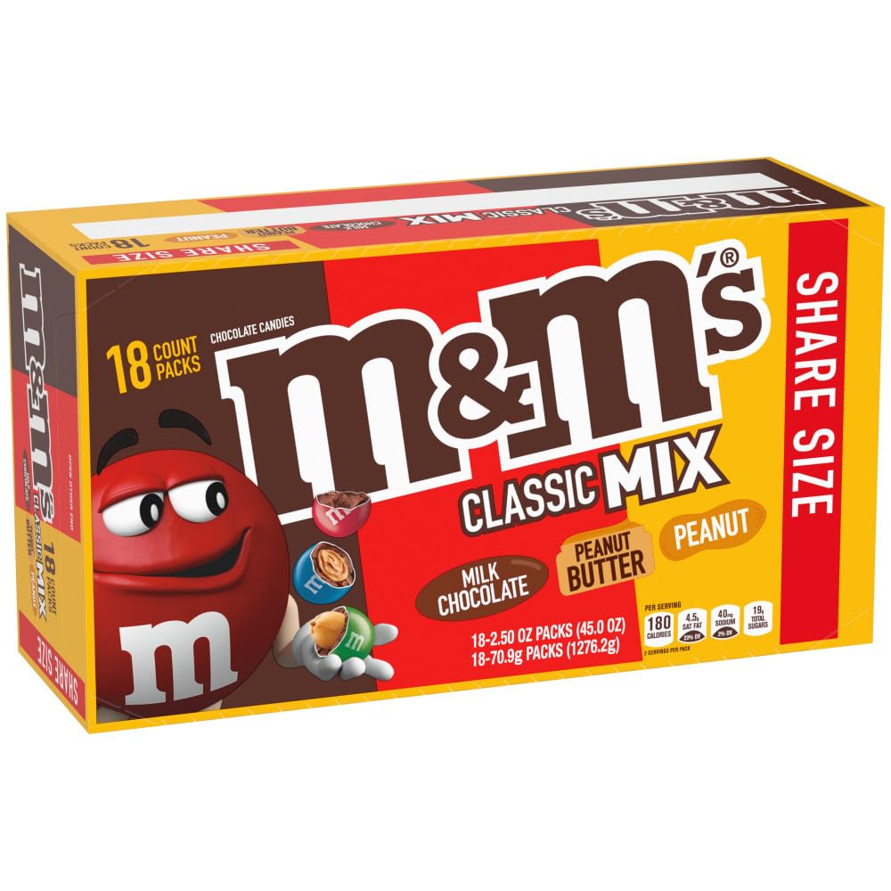 M&M’S Milk Chocolate Candy Variety Pack, Milk Chocolate, Bulk Candy Individually Wrapped, Peanut & Peanut Butter Full Size 2.5 oz Bags, 18-Count