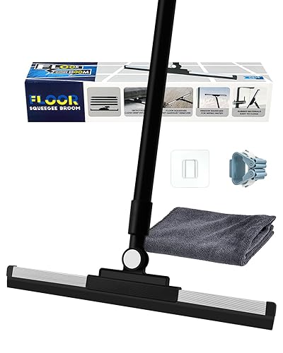 Qriveunet Heavy Duty Floor Squeegee for Concrete Floor- 14.2” Rubber Broom with Cloth Clip Design, 52” Extendable Window Cleaner, Squeegee Broom