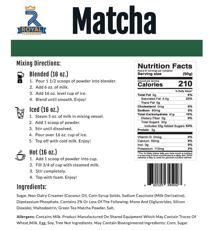 Royal Flavorings Matcha Green Tea Premium Flavored Frappe Drink Mix for Blended, Iced or Hot Drinks, Stand up Resealable Bag 3 Lb.