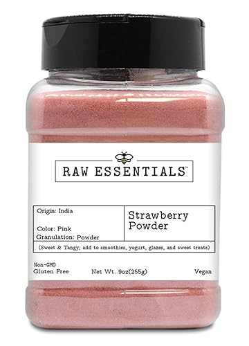Raw Essentials Strawberry Powder - Sweet & Tangy - Add to Smoothies, Yogurt, Glazes, and Baked Goods - Non-GMO, Gluten Free, and Vegan - 9 Ounce