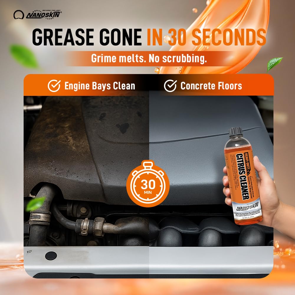 Nanoskin Heavy-Duty Citrus Cleaner & Degreaser Concentrate 5 Gallon, Low-Foam Solvent, Dilutes up to 1:32, Cuts Grease Tar Adhesives, Safe on Metal