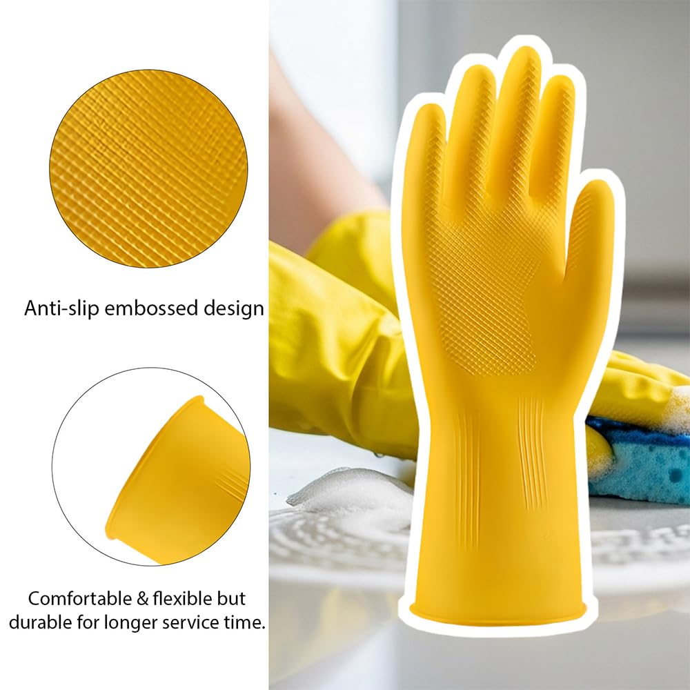 PAYWROK Rubber Kitchen Dishwashing Gloves - 4 Pairs Yellow Reusable Household Cleaning Gloves for Washing Dishes and Cleaning Tasks, Flexible