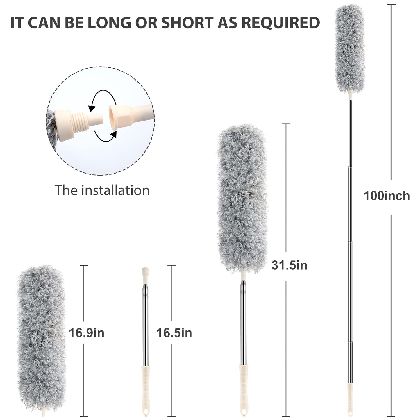 BLUEELF Microfiber Feather Dusters for Cleaning Tools with Extension Pole?Stainless Steel?,100’’ Extra Long Duster Ceiling Fan, Gap, Blinds