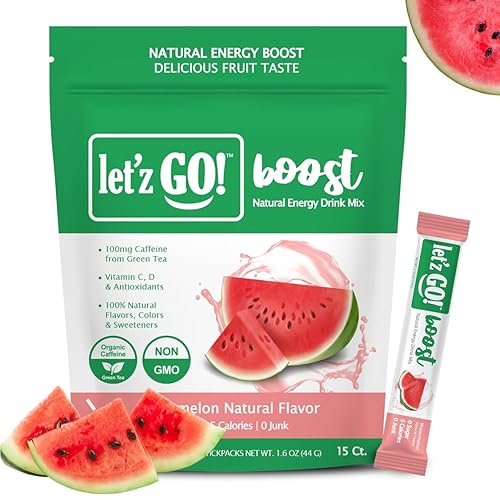 Let'z Go Clean Energy Drink Mix - Natural Caffeine Packets, Vitamins C + D, Electrolytes, Sugar-Free, Zero Calories | Anytime Energy | 15 Count