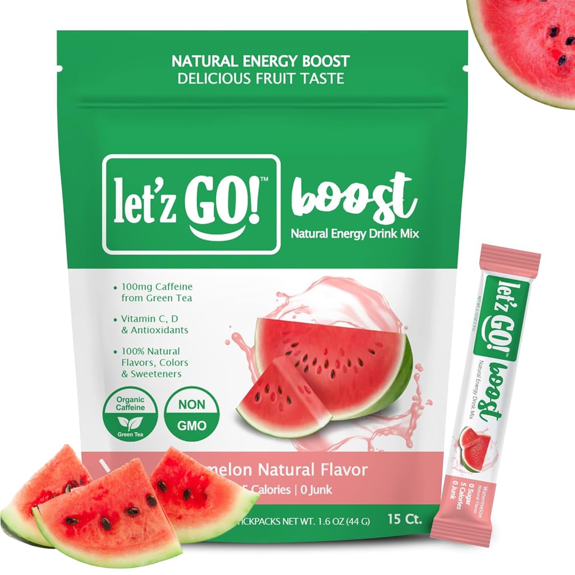 Let'z Go Clean Energy Drink Mix - Natural Caffeine Packets, Vitamins C + D, Electrolytes, Sugar-Free, Zero Calories | Anytime Energy | 15 Count