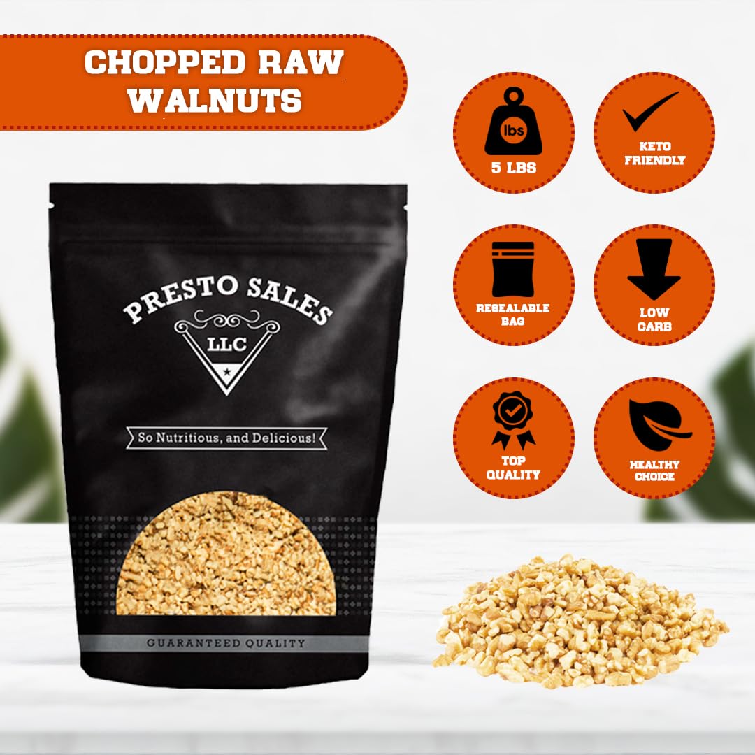 Walnuts, Fresh" Raw light Small Chopped California, healthy snack, perfection, vegan, high protein, Packed in a 5 lbs. (80 oz.) resealable pouch bag