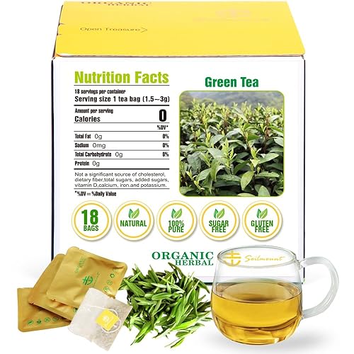 Soilmount Organic Longjing Tea - Chinese Green Tea - 18 Individually Wrapped Packets - Fresh Aroma, Balanced Sweetness, Suitable for Hot or Iced Tea