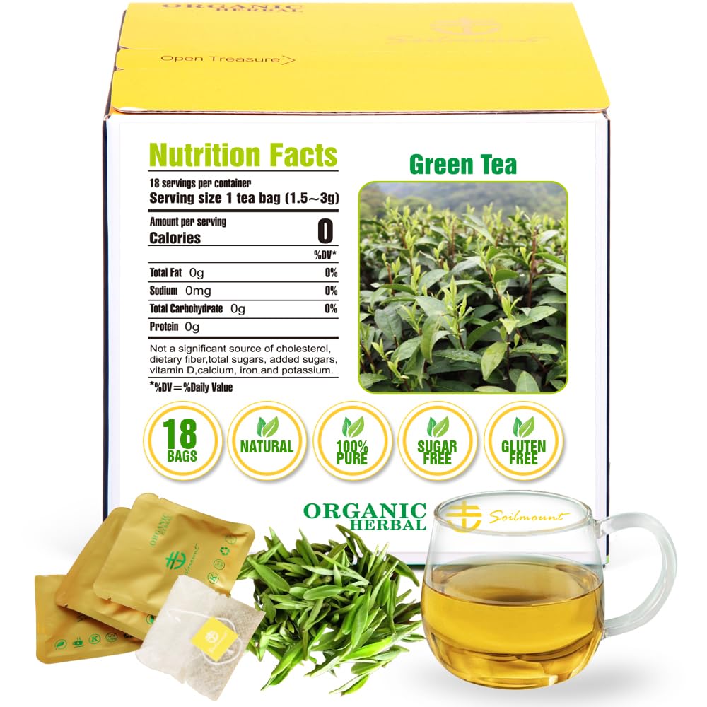 Soilmount Organic Longjing Tea - Chinese Green Tea - 18 Individually Wrapped Packets - Fresh Aroma, Balanced Sweetness, Suitable for Hot or Iced Tea