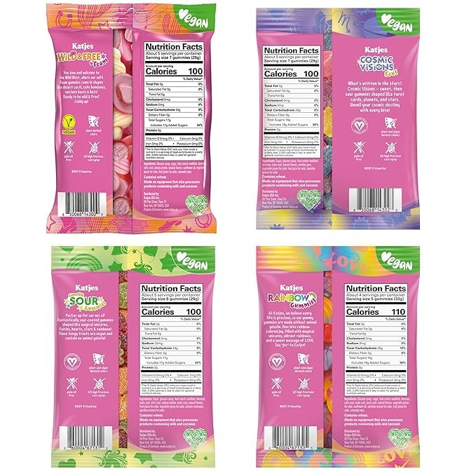 Katjes Vegan Gummy Candy Assortment, 4.9 oz Bags, 4 Flavor Pack - Rainbow Sour Wild Free Cosmic Visions Chewy Gummies - Gelatin-Free, Plant Based
