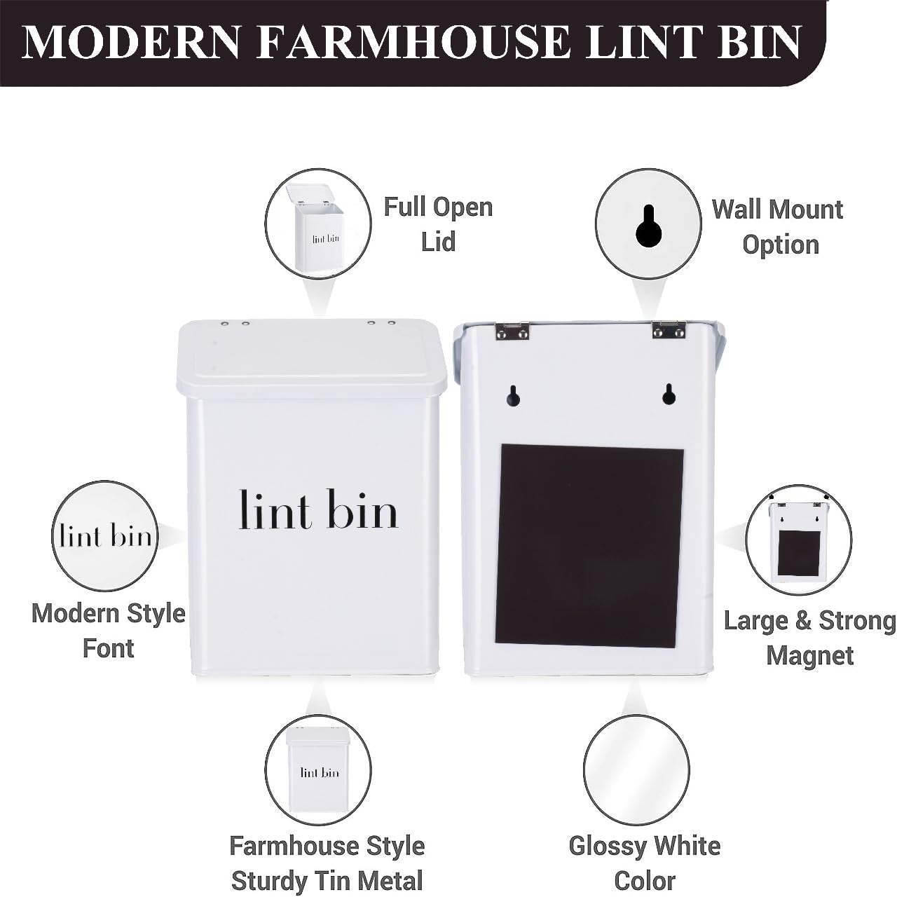 Magnetic Lint Bin with Lint Brush, Two White Hooks, one Black Back Side Hook & All Accessories for Laundry Room Decor, Wall-Mounted Lint Bin with Lid