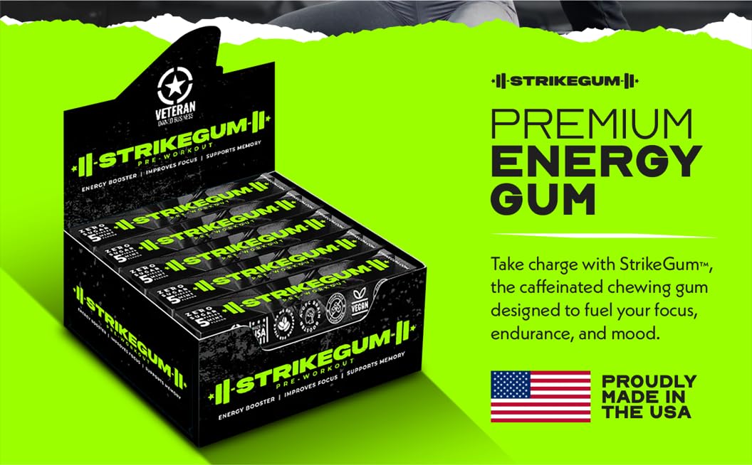 Strike Gum 5 packs of 5 Pieces |90mg Natural Caffeine|100mg Alpha Gpc| Sugar Free| Vegan | Made in the USA | Premium Energy Gum