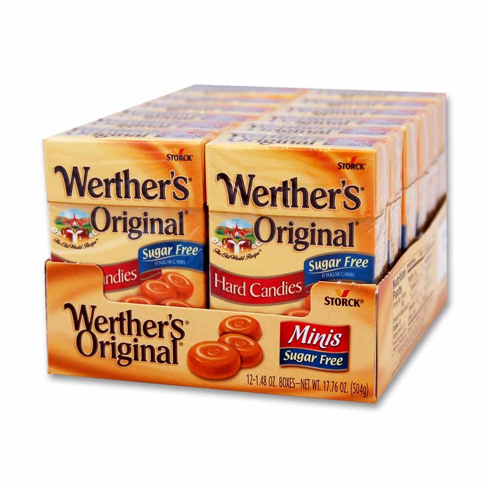 Werther's Sugar Free Mini Caramel Candies - Convenient Resealable Package, Mini Hard Candies for Snacks or Travel - 1.48 oz Boxes (Pack of 12)