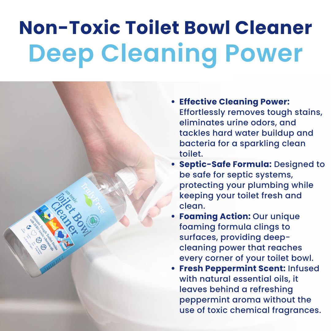 Truly Free Toilet Bowl Cleaner - Heavy-Duty Stain Remover - Septic Safe, Plant-Based Formula - Fresh Peppermint Scent - 16 oz Reusable Empty Bottle +