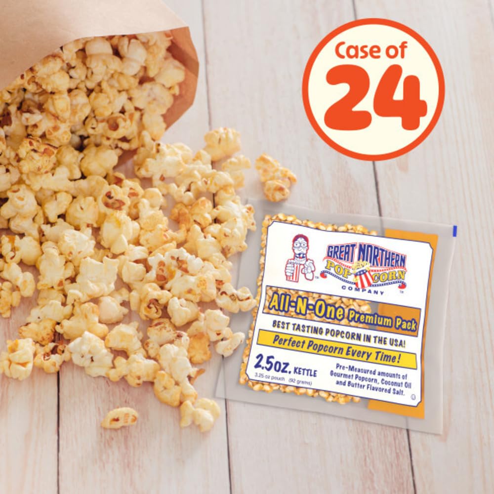 2.5oz Popcorn Machine Popcorn Packets - All-in-One Movie Theater Style Kernels, Salt, and Oil Packs by Great Northern Popcorn (24 Case)