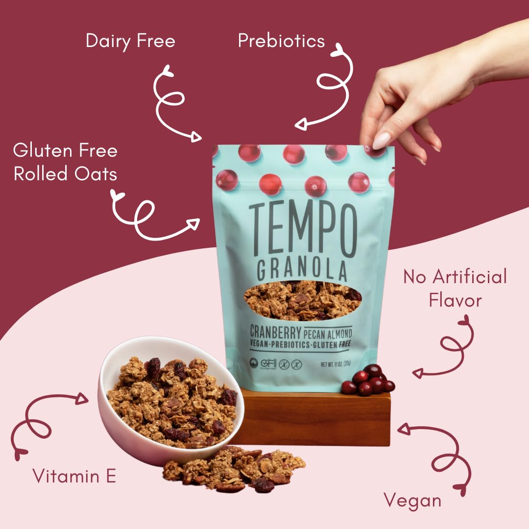 Tempo Granola Cranberry Pecan Almond Loose Granola - 3 Pack of 11 oz Bags - Nutrient-Rich, Gluten Free, Vegan, Oats, High Protein, Low Sugar, Vegan