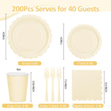 200Pcs Ivory Paper Plates and Napkins, 9’’and 7’’ Disposable Scalloped Cream Party Plates Cups Napkins Forks Set Party Supplies for Baby Shower Bridal