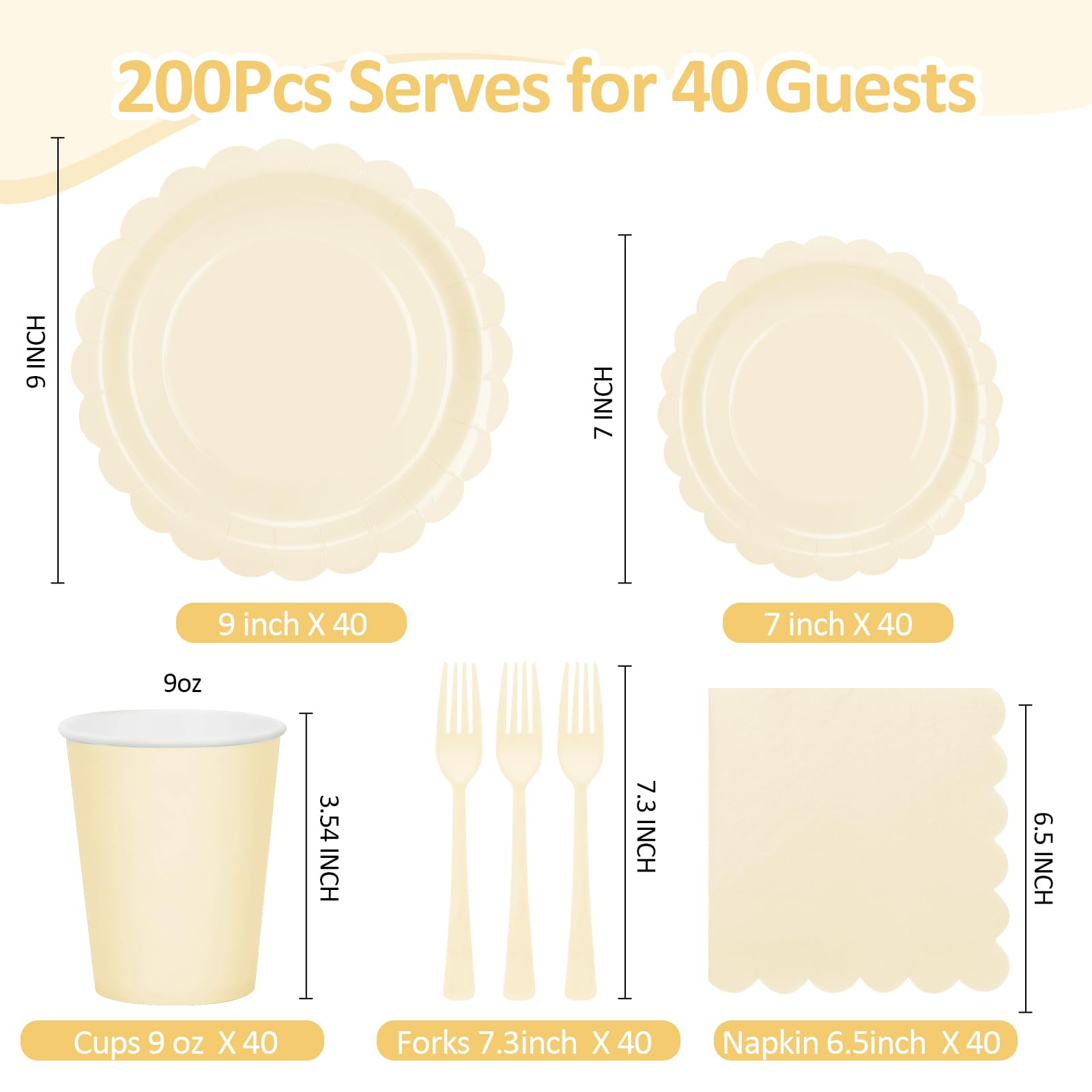 200Pcs Ivory Paper Plates and Napkins, 9’’and 7’’ Disposable Scalloped Cream Party Plates Cups Napkins Forks Set Party Supplies for Baby Shower Bridal