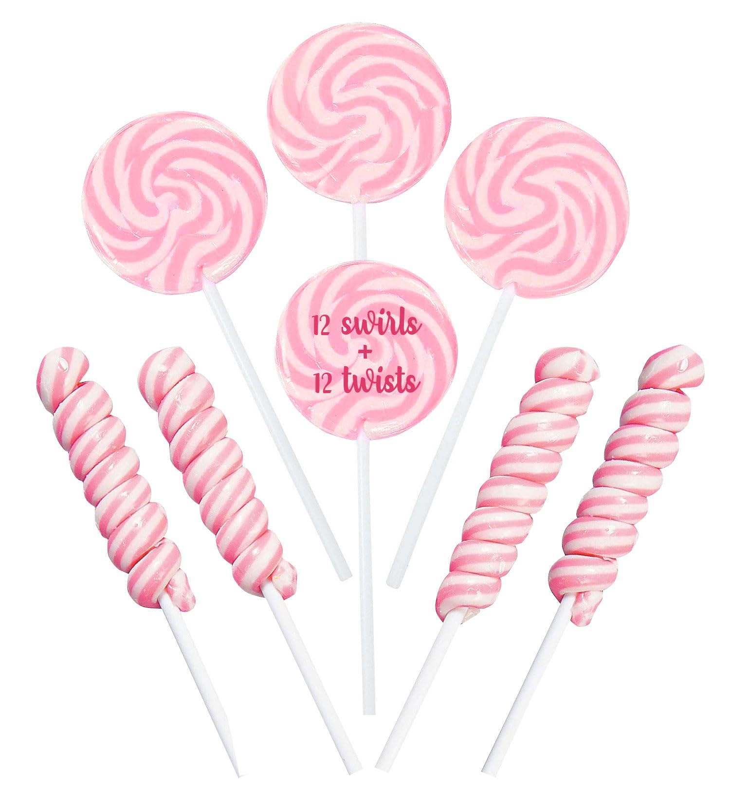 Pink Candy - 12 Swirl And 12 Twisty Lollipops - PACK 24 Suckers Individually Wrapped - Candy Buffet